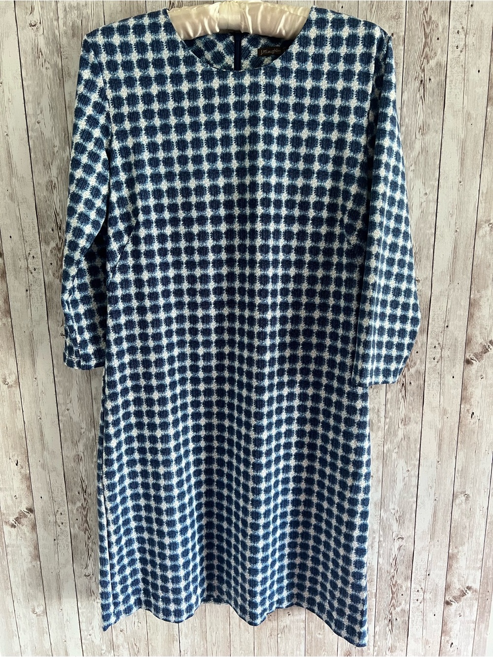 J. McLaughlin Navy and White Geometric Dot Dress Stretch 3/4 Sleeve Large